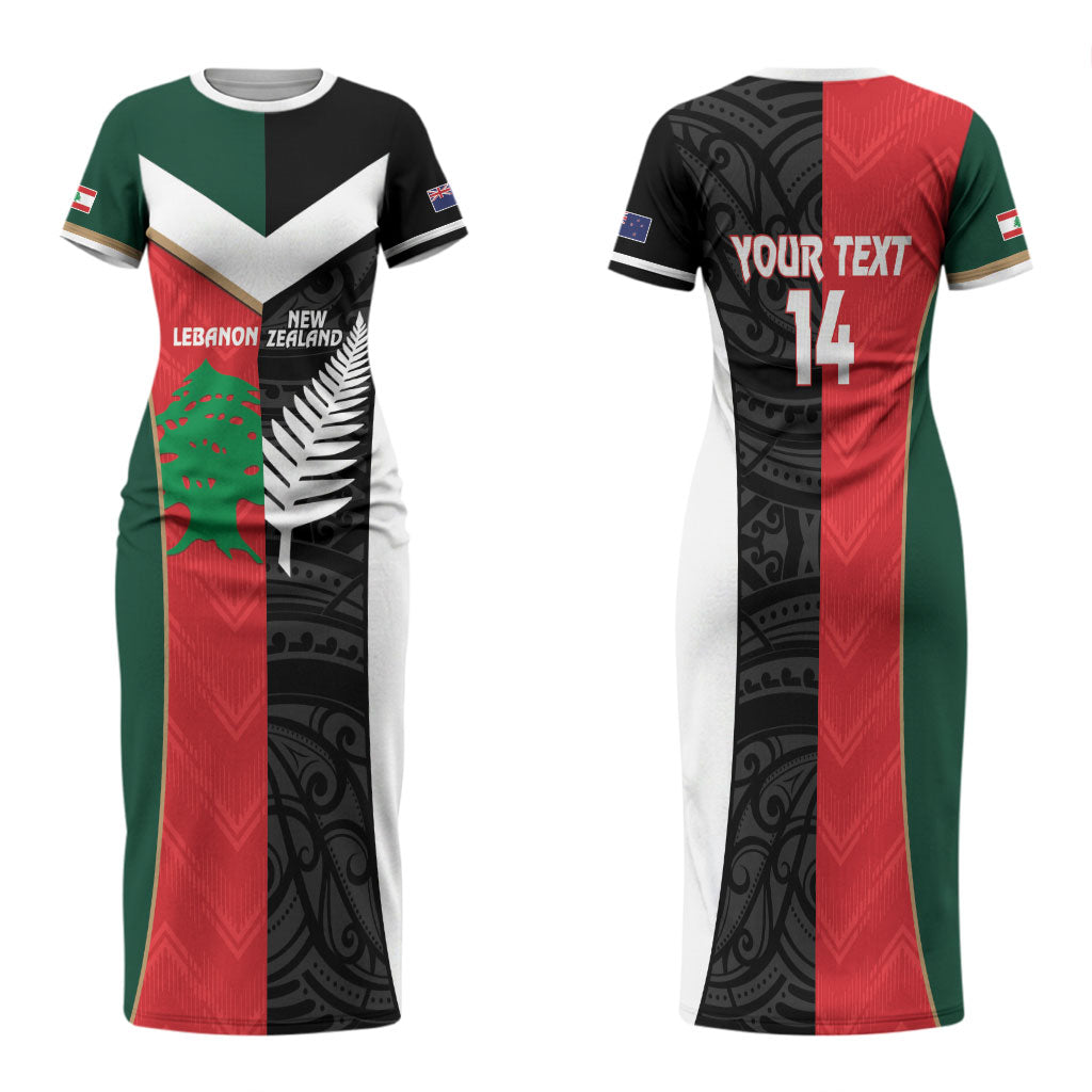 Custom Rugby New Zealand and Lebanon Family Matching Short Sleeve Bodycon Dress and Hawaiian Shirt All Black Cedars Together