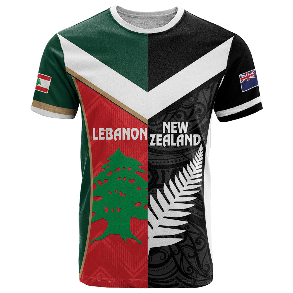 Custom Rugby New Zealand and Lebanon T Shirt All Black Cedars Together