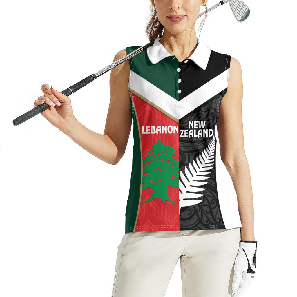 Custom Rugby New Zealand and Lebanon Women Sleeveless Polo Shirt All Black Cedars Together