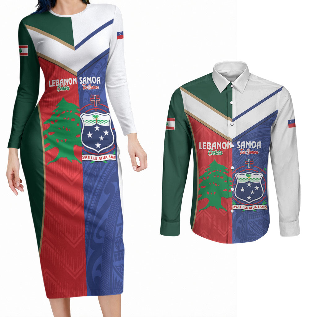 Custom Rugby Samoa and Lebanon Couples Matching Long Sleeve Bodycon Dress and Long Sleeve Button Shirt Toa Samoa Cedars Together