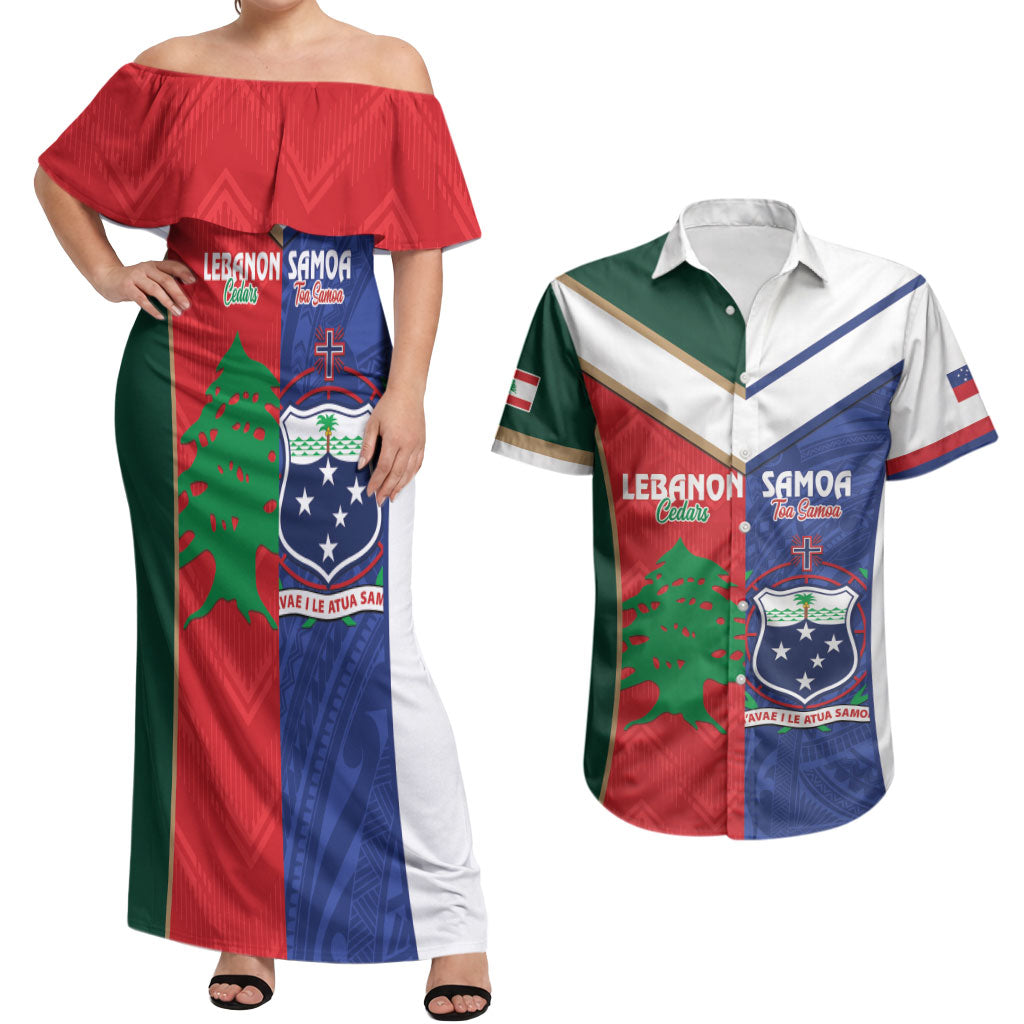 Custom Rugby Samoa and Lebanon Couples Matching Off Shoulder Maxi Dress and Hawaiian Shirt Toa Samoa Cedars Together
