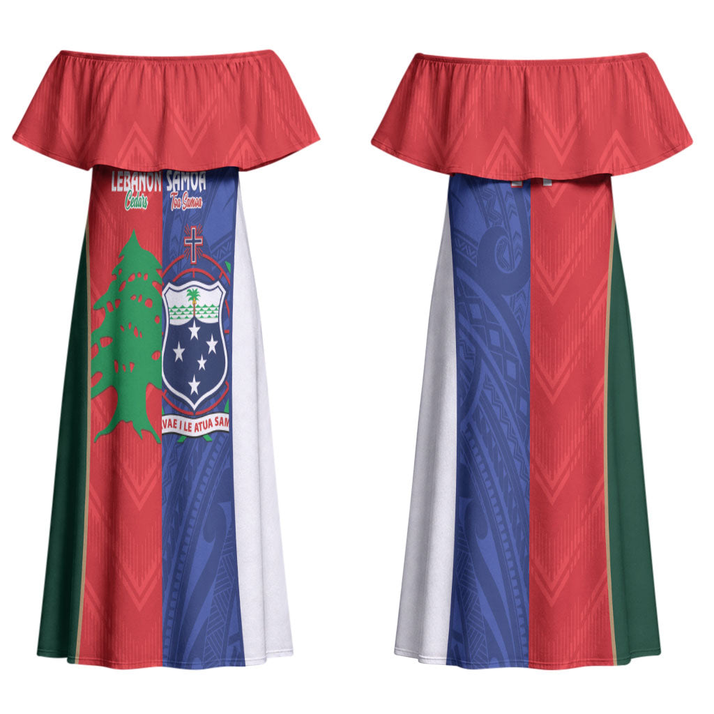 Custom Rugby Samoa and Lebanon Couples Matching Off Shoulder Maxi Dress and Hawaiian Shirt Toa Samoa Cedars Together