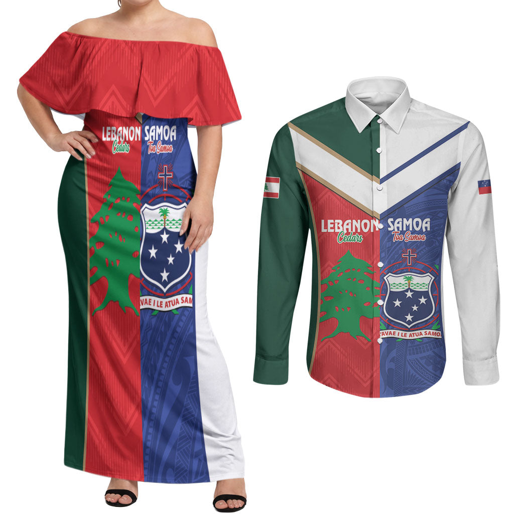 Custom Rugby Samoa and Lebanon Couples Matching Off Shoulder Maxi Dress and Long Sleeve Button Shirt Toa Samoa Cedars Together