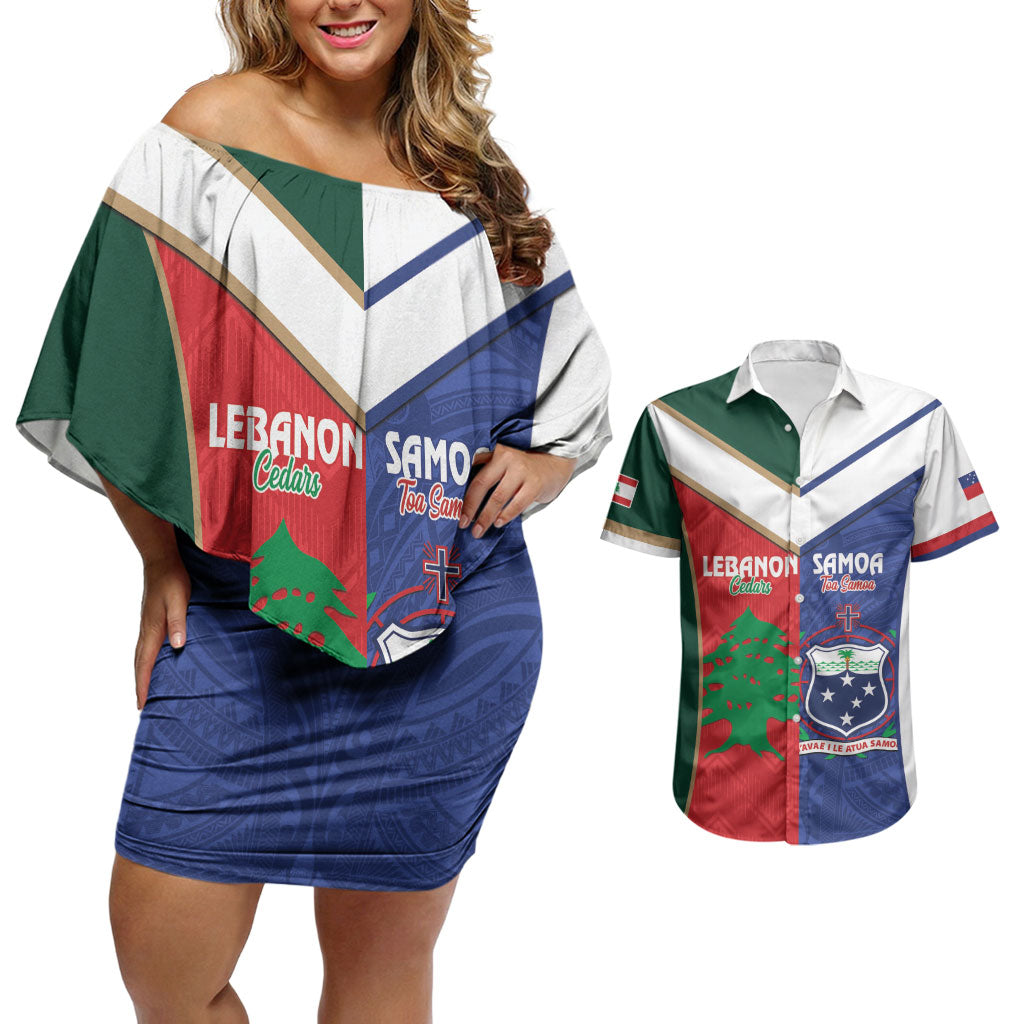 Custom Rugby Samoa and Lebanon Couples Matching Off Shoulder Short Dress and Hawaiian Shirt Toa Samoa Cedars Together