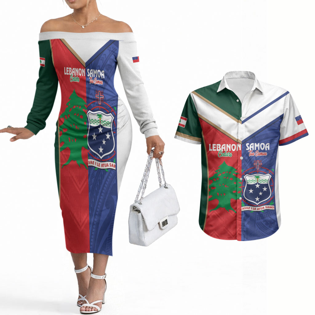 Custom Rugby Samoa and Lebanon Couples Matching Off The Shoulder Long Sleeve Dress and Hawaiian Shirt Toa Samoa Cedars Together