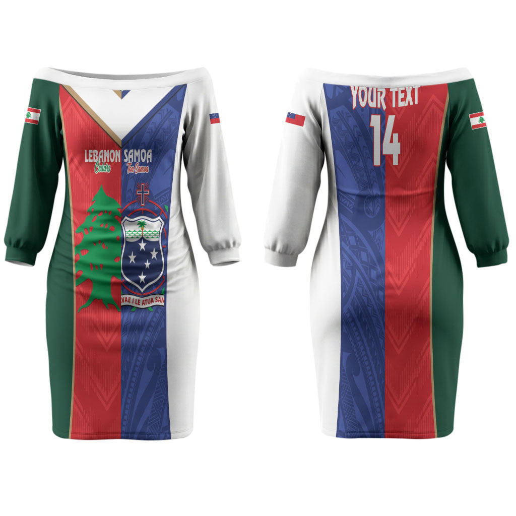 Custom Rugby Samoa and Lebanon Couples Matching Off The Shoulder Long Sleeve Dress and Hawaiian Shirt Toa Samoa Cedars Together