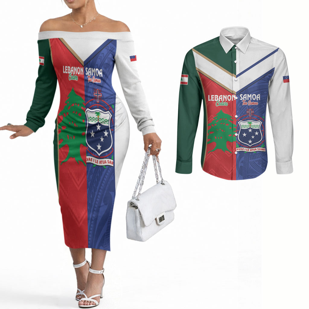 Custom Rugby Samoa and Lebanon Couples Matching Off The Shoulder Long Sleeve Dress and Long Sleeve Button Shirt Toa Samoa Cedars Together