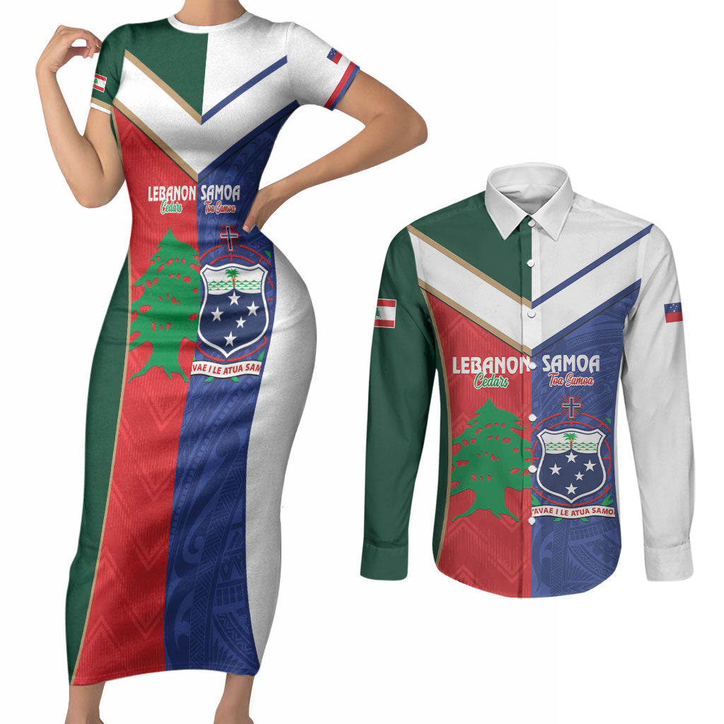 Custom Rugby Samoa and Lebanon Couples Matching Short Sleeve Bodycon Dress and Long Sleeve Button Shirt Toa Samoa Cedars Together