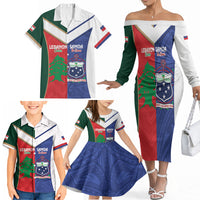 Custom Rugby Samoa and Lebanon Family Matching Off The Shoulder Long Sleeve Dress and Hawaiian Shirt Toa Samoa Cedars Together