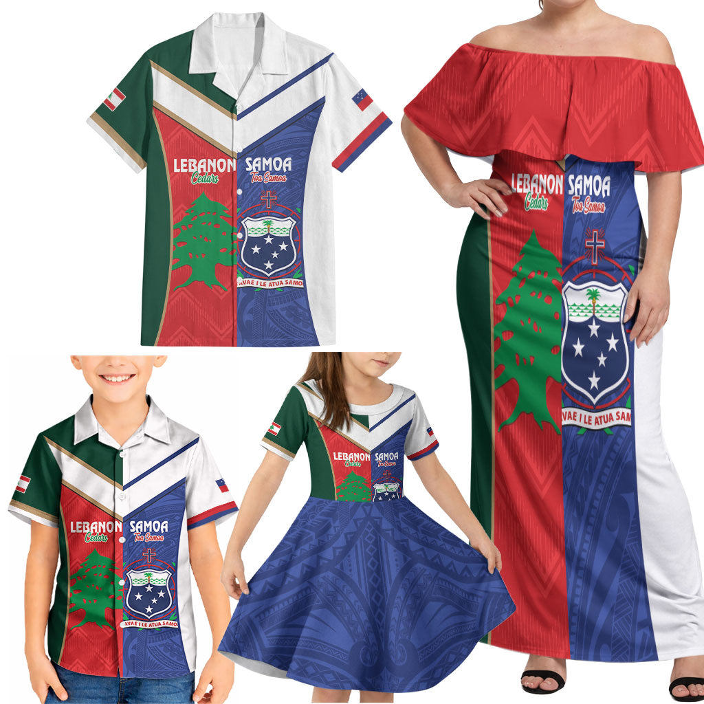 Custom Rugby Samoa and Lebanon Family Matching Off Shoulder Maxi Dress and Hawaiian Shirt Toa Samoa Cedars Together