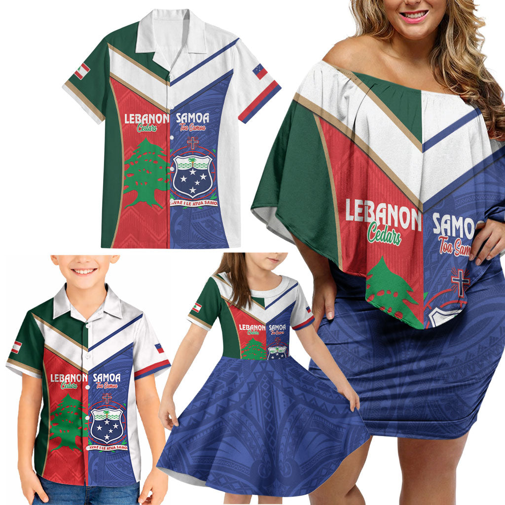 Custom Rugby Samoa and Lebanon Family Matching Off Shoulder Short Dress and Hawaiian Shirt Toa Samoa Cedars Together LT14 - Polynesian Pride