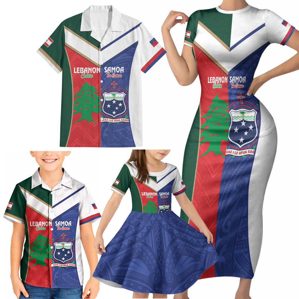 Custom Rugby Samoa and Lebanon Family Matching Short Sleeve Bodycon Dress and Hawaiian Shirt Toa Samoa Cedars Together