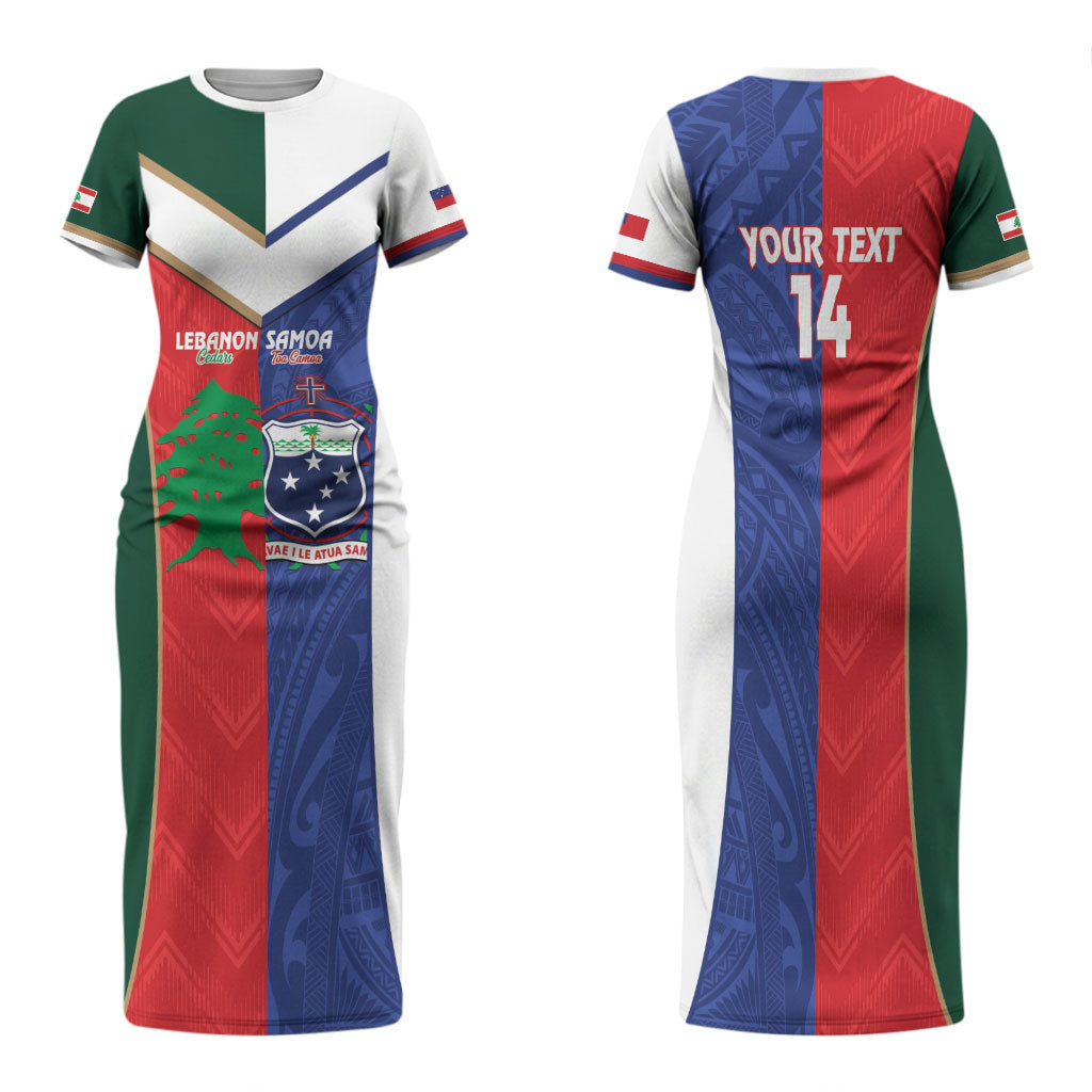 Custom Rugby Samoa and Lebanon Family Matching Short Sleeve Bodycon Dress and Hawaiian Shirt Toa Samoa Cedars Together