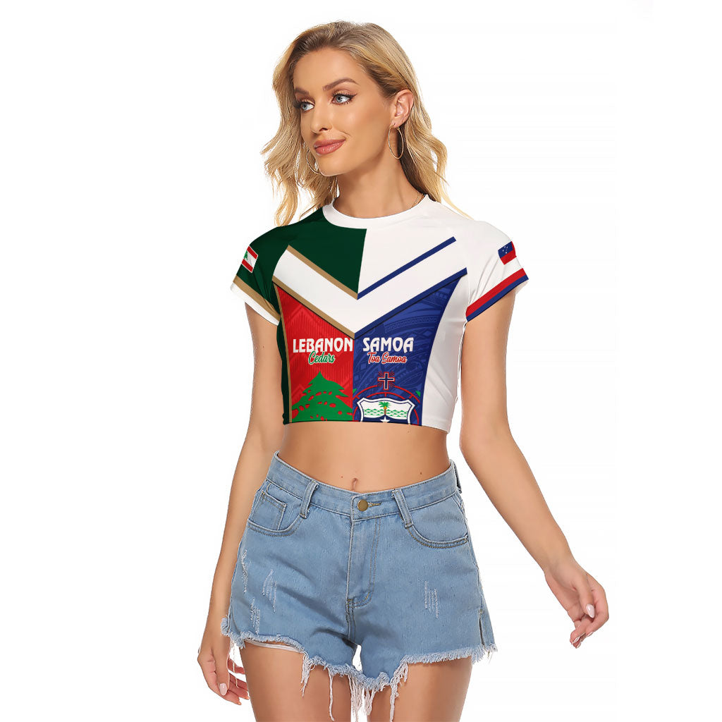Custom Rugby Samoa and Lebanon Raglan Cropped T Shirt Toa Samoa Cedars Together LT14 Female Multicolor - Polynesian Pride