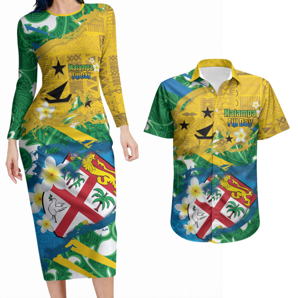 Malampa Fiji Day Couples Matching Long Sleeve Bodycon Dress and Hawaiian Shirt 10 October Together We Grow Grunge Tapa Motifs