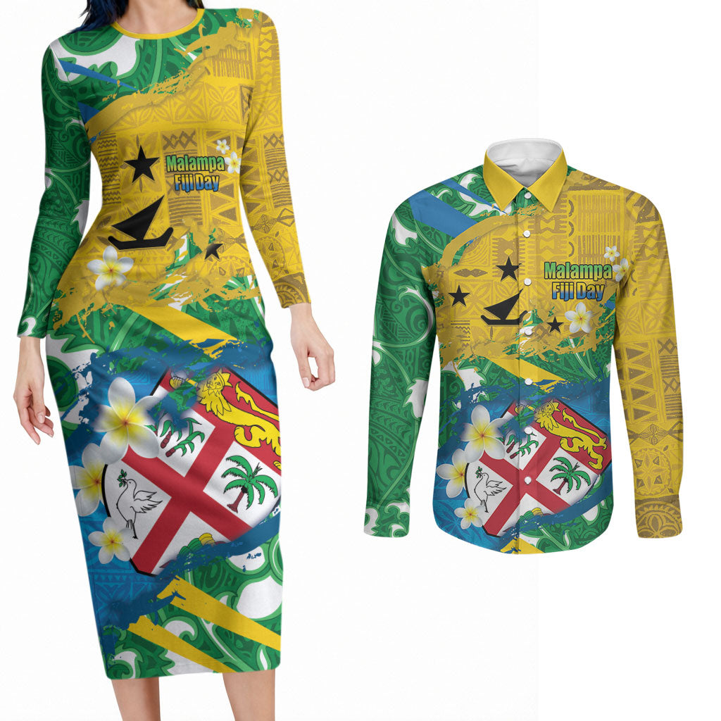 Malampa Fiji Day Couples Matching Long Sleeve Bodycon Dress and Long Sleeve Button Shirt 10 October Together We Grow Grunge Tapa Motifs