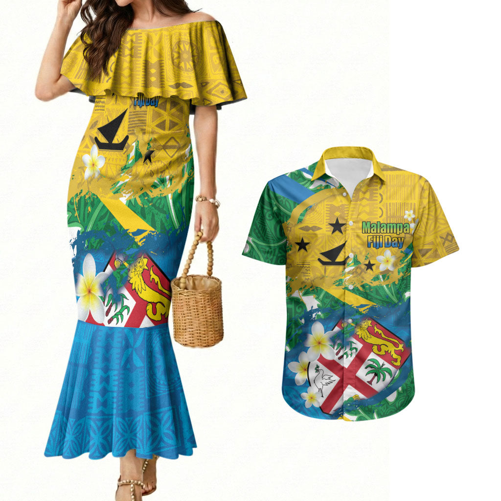 Malampa Fiji Day Couples Matching Mermaid Dress and Hawaiian Shirt 10 October Together We Grow Grunge Tapa Motifs