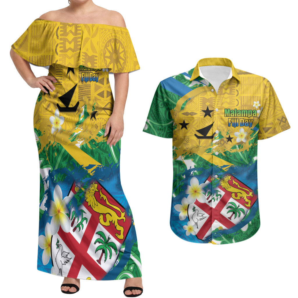 Malampa Fiji Day Couples Matching Off Shoulder Maxi Dress and Hawaiian Shirt 10 October Together We Grow Grunge Tapa Motifs