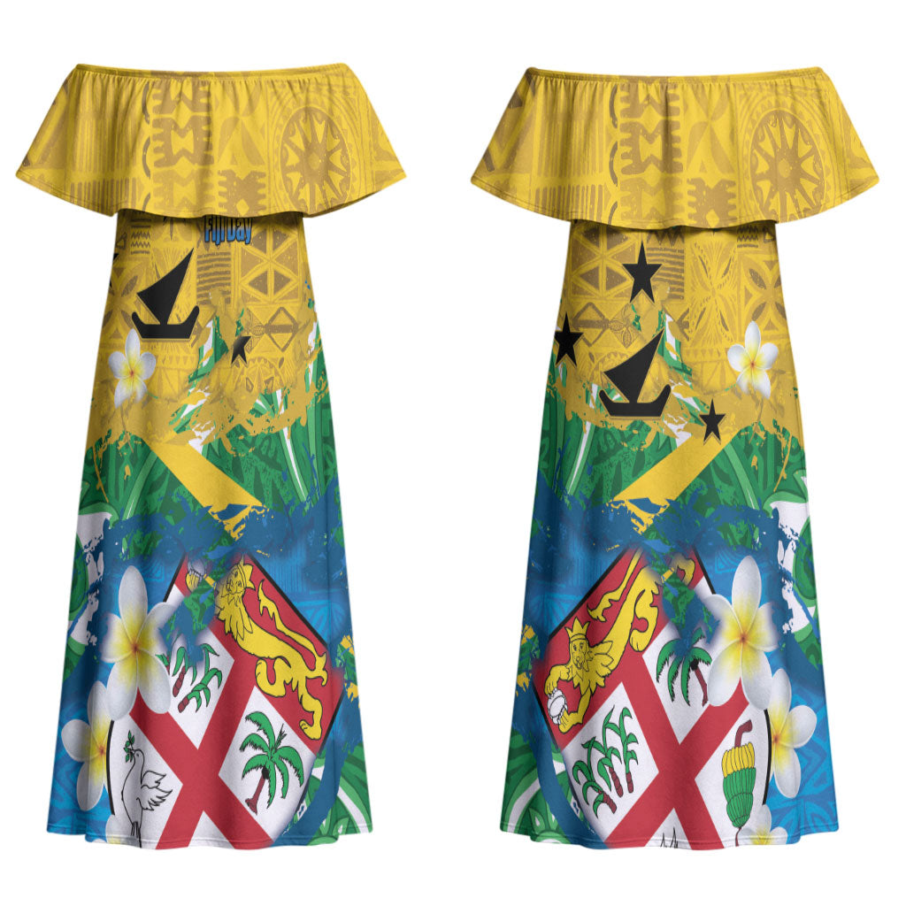 Malampa Fiji Day Couples Matching Off Shoulder Maxi Dress and Hawaiian Shirt 10 October Together We Grow Grunge Tapa Motifs