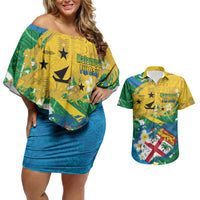 Malampa Fiji Day Couples Matching Off Shoulder Short Dress and Hawaiian Shirt 10 October Together We Grow Grunge Tapa Motifs