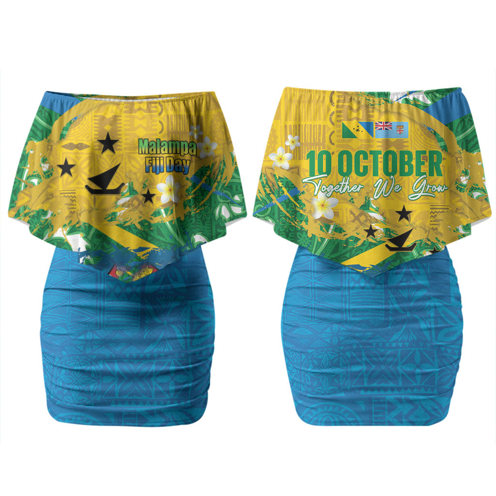 Malampa Fiji Day Couples Matching Off Shoulder Short Dress and Long Sleeve Button Shirt 10 October Together We Grow Grunge Tapa Motifs