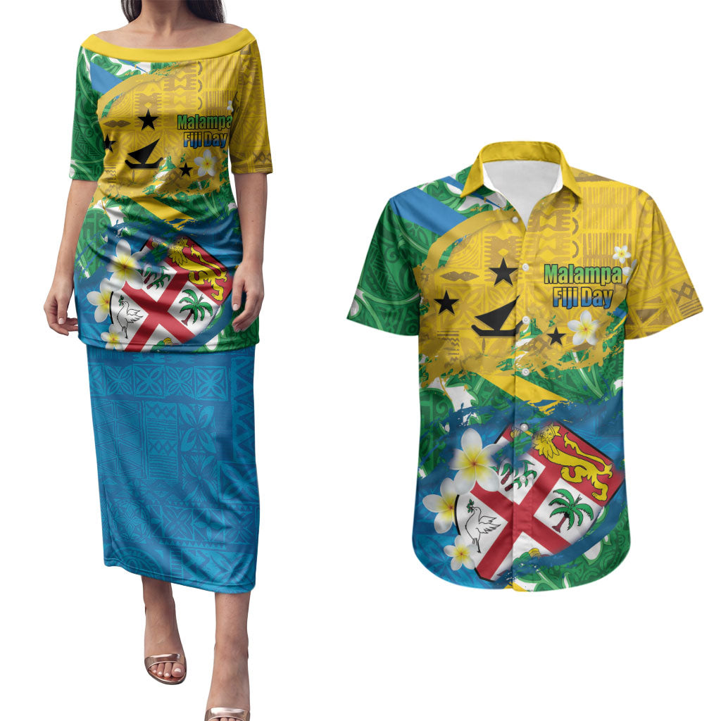 Malampa Fiji Day Couples Matching Puletasi and Hawaiian Shirt 10 October Together We Grow Grunge Tapa Motifs LT14 Multicolor - Polynesian Pride