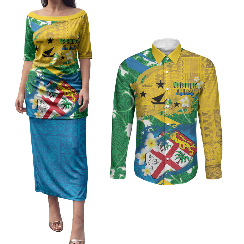 Malampa Fiji Day Couples Matching Puletasi and Long Sleeve Button Shirt 10 October Together We Grow Grunge Tapa Motifs