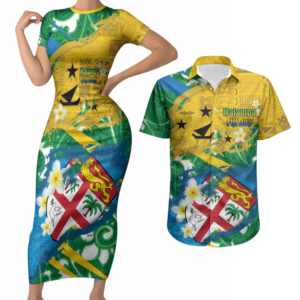Malampa Fiji Day Couples Matching Short Sleeve Bodycon Dress and Hawaiian Shirt 10 October Together We Grow Grunge Tapa Motifs