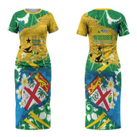 Malampa Fiji Day Couples Matching Short Sleeve Bodycon Dress and Hawaiian Shirt 10 October Together We Grow Grunge Tapa Motifs