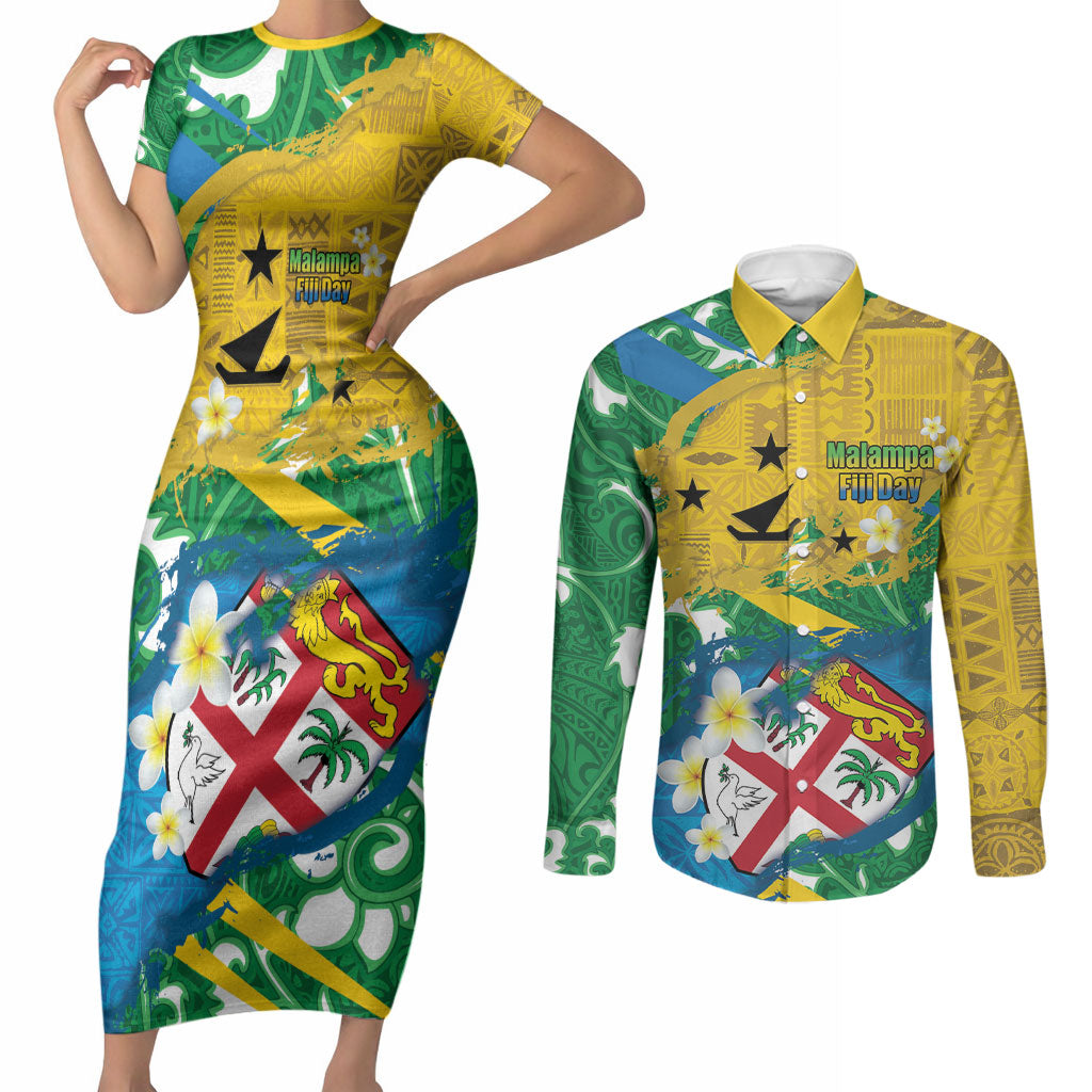 Malampa Fiji Day Couples Matching Short Sleeve Bodycon Dress and Long Sleeve Button Shirt 10 October Together We Grow Grunge Tapa Motifs