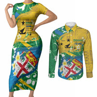 Malampa Fiji Day Couples Matching Short Sleeve Bodycon Dress and Long Sleeve Button Shirt 10 October Together We Grow Grunge Tapa Motifs
