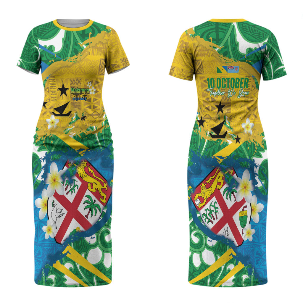 Malampa Fiji Day Couples Matching Short Sleeve Bodycon Dress and Long Sleeve Button Shirt 10 October Together We Grow Grunge Tapa Motifs