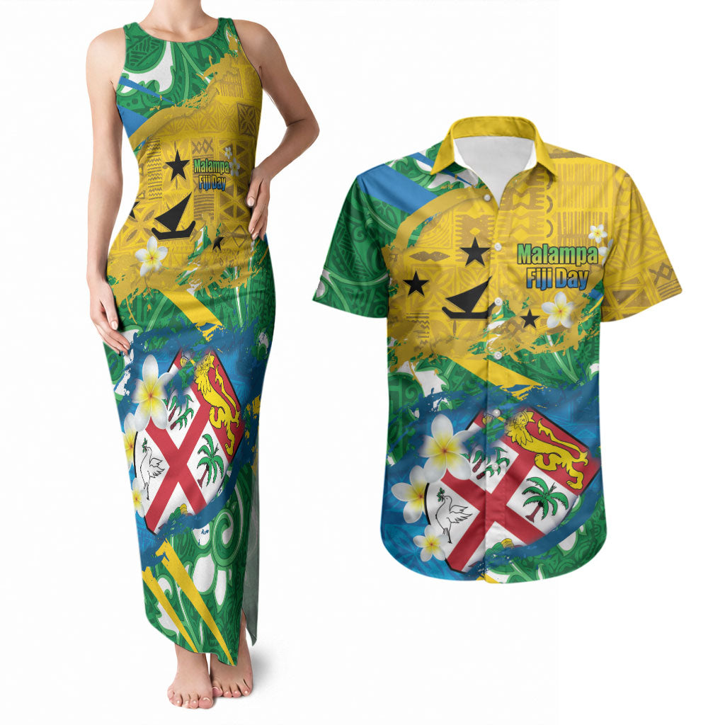 Malampa Fiji Day Couples Matching Tank Maxi Dress and Hawaiian Shirt 10 October Together We Grow Grunge Tapa Motifs
