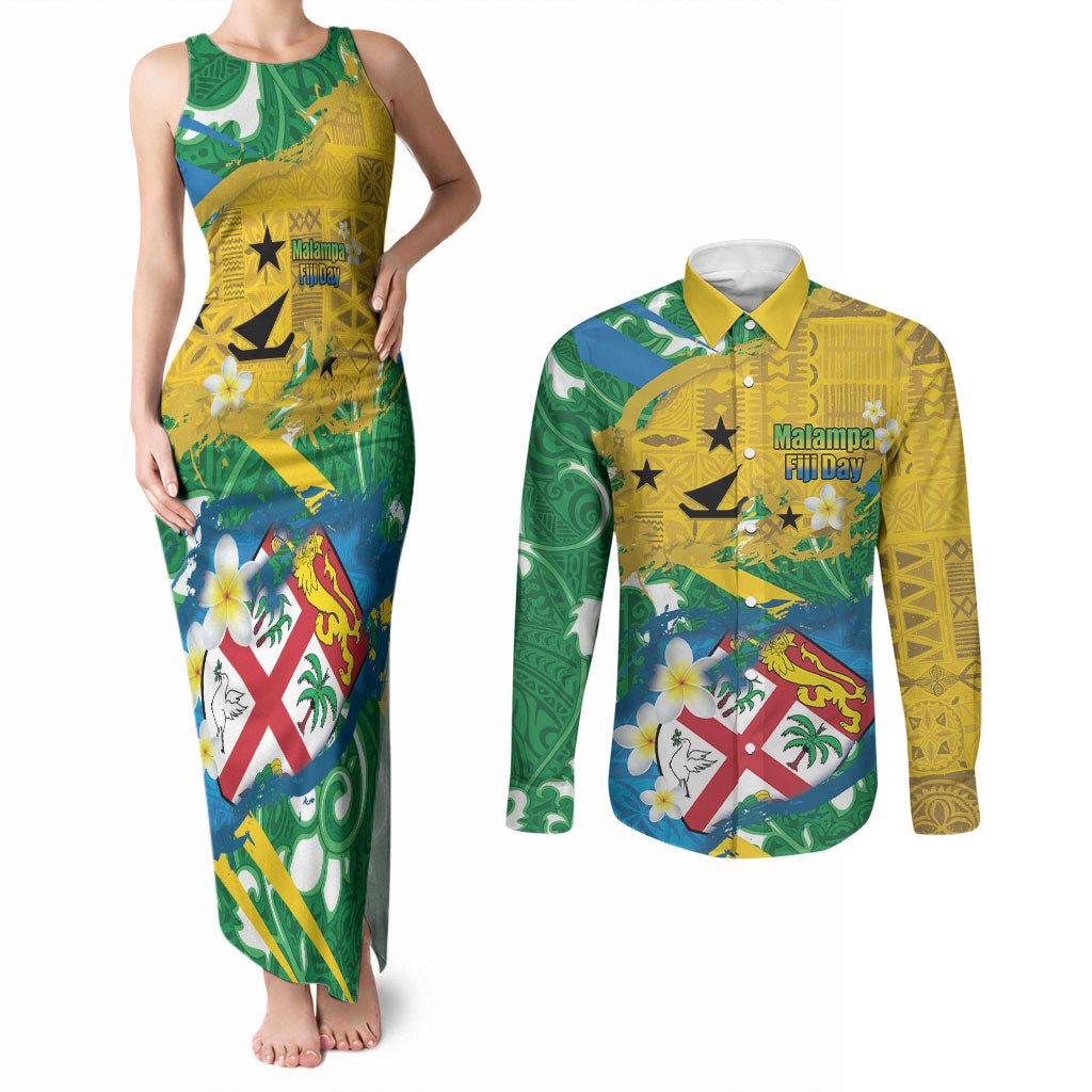 Malampa Fiji Day Couples Matching Tank Maxi Dress and Long Sleeve Button Shirt 10 October Together We Grow Grunge Tapa Motifs