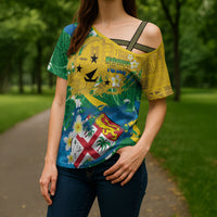 Malampa Fiji Day Cross Shoulder Shirt 10 October Together We Grow Grunge Tapa Motifs