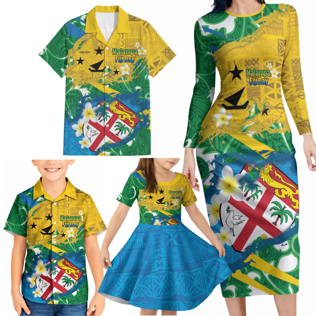 Malampa Fiji Day Family Matching Long Sleeve Bodycon Dress and Hawaiian Shirt 10 October Together We Grow Grunge Tapa Motifs