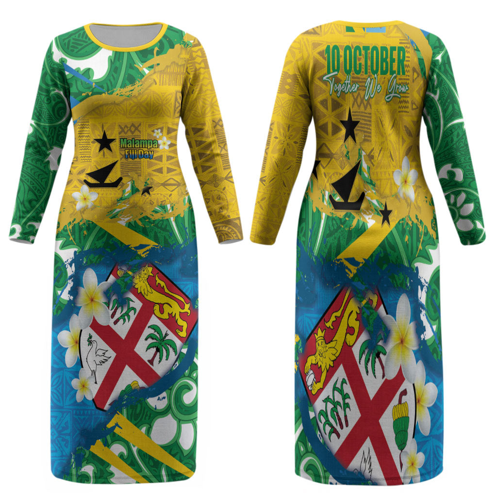 Malampa Fiji Day Family Matching Long Sleeve Bodycon Dress and Hawaiian Shirt 10 October Together We Grow Grunge Tapa Motifs