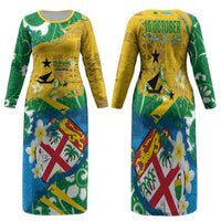 Malampa Fiji Day Family Matching Long Sleeve Bodycon Dress and Hawaiian Shirt 10 October Together We Grow Grunge Tapa Motifs