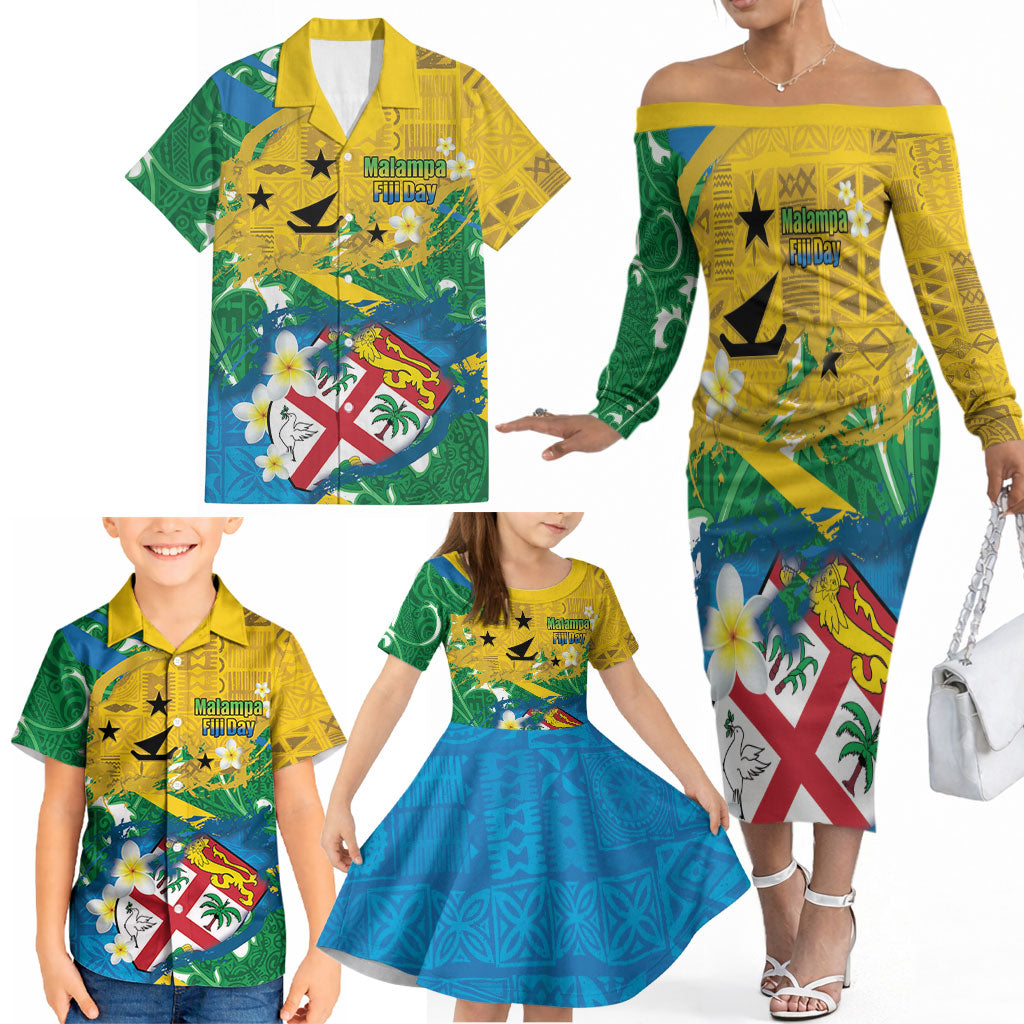 Malampa Fiji Day Family Matching Off The Shoulder Long Sleeve Dress and Hawaiian Shirt 10 October Together We Grow Grunge Tapa Motifs