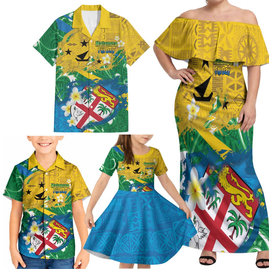 Malampa Fiji Day Family Matching Off Shoulder Maxi Dress and Hawaiian Shirt 10 October Together We Grow Grunge Tapa Motifs