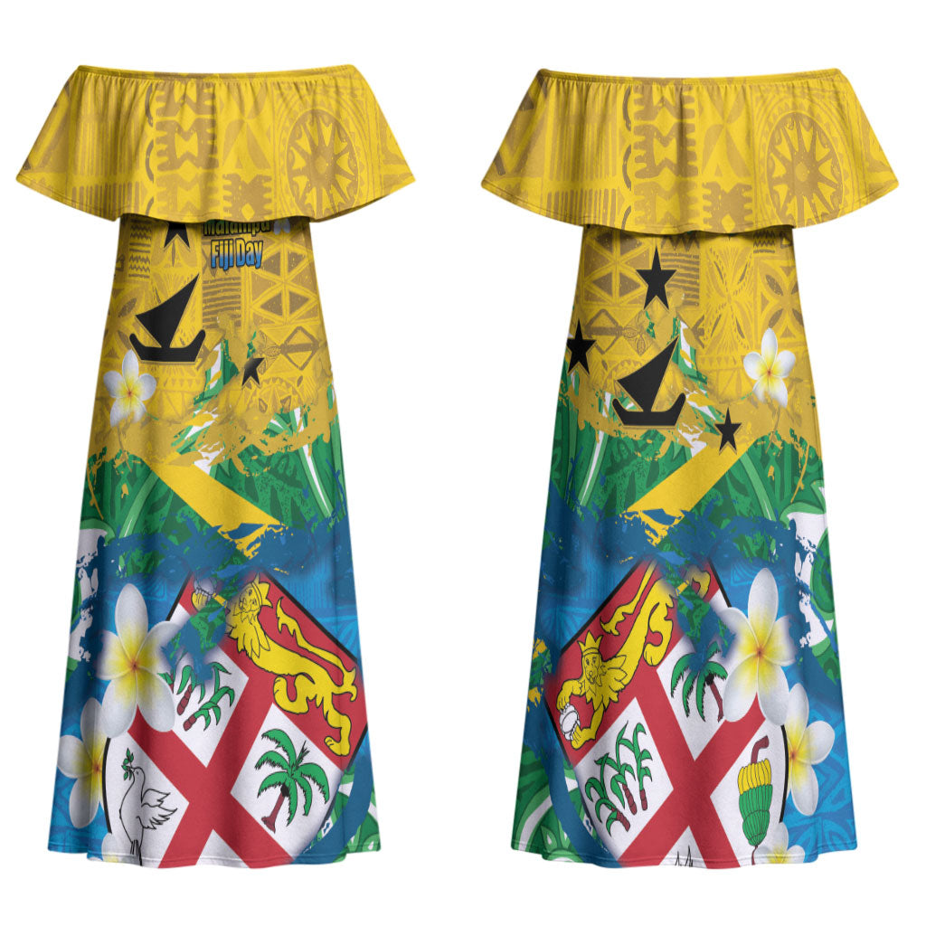 Malampa Fiji Day Family Matching Off Shoulder Maxi Dress and Hawaiian Shirt 10 October Together We Grow Grunge Tapa Motifs