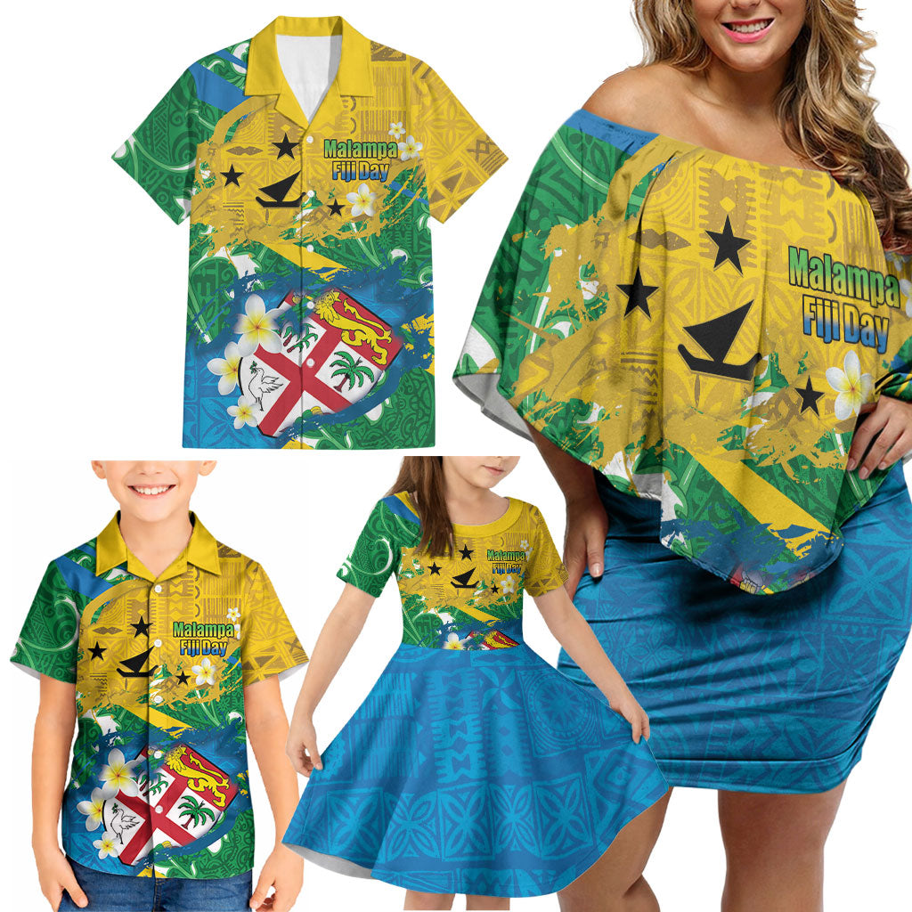 Malampa Fiji Day Family Matching Off Shoulder Short Dress and Hawaiian Shirt 10 October Together We Grow Grunge Tapa Motifs LT14 - Polynesian Pride