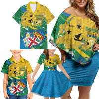 Malampa Fiji Day Family Matching Off Shoulder Short Dress and Hawaiian Shirt 10 October Together We Grow Grunge Tapa Motifs