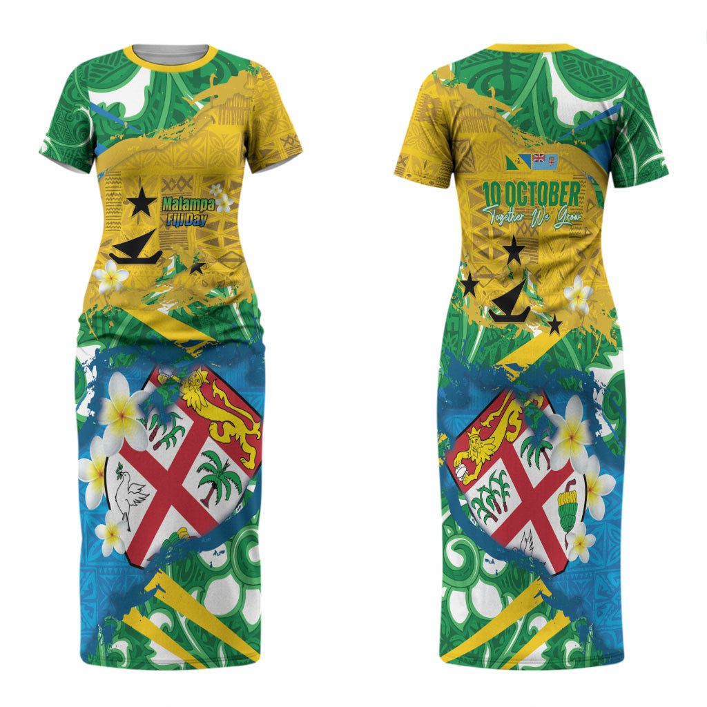 Malampa Fiji Day Family Matching Short Sleeve Bodycon Dress and Hawaiian Shirt 10 October Together We Grow Grunge Tapa Motifs