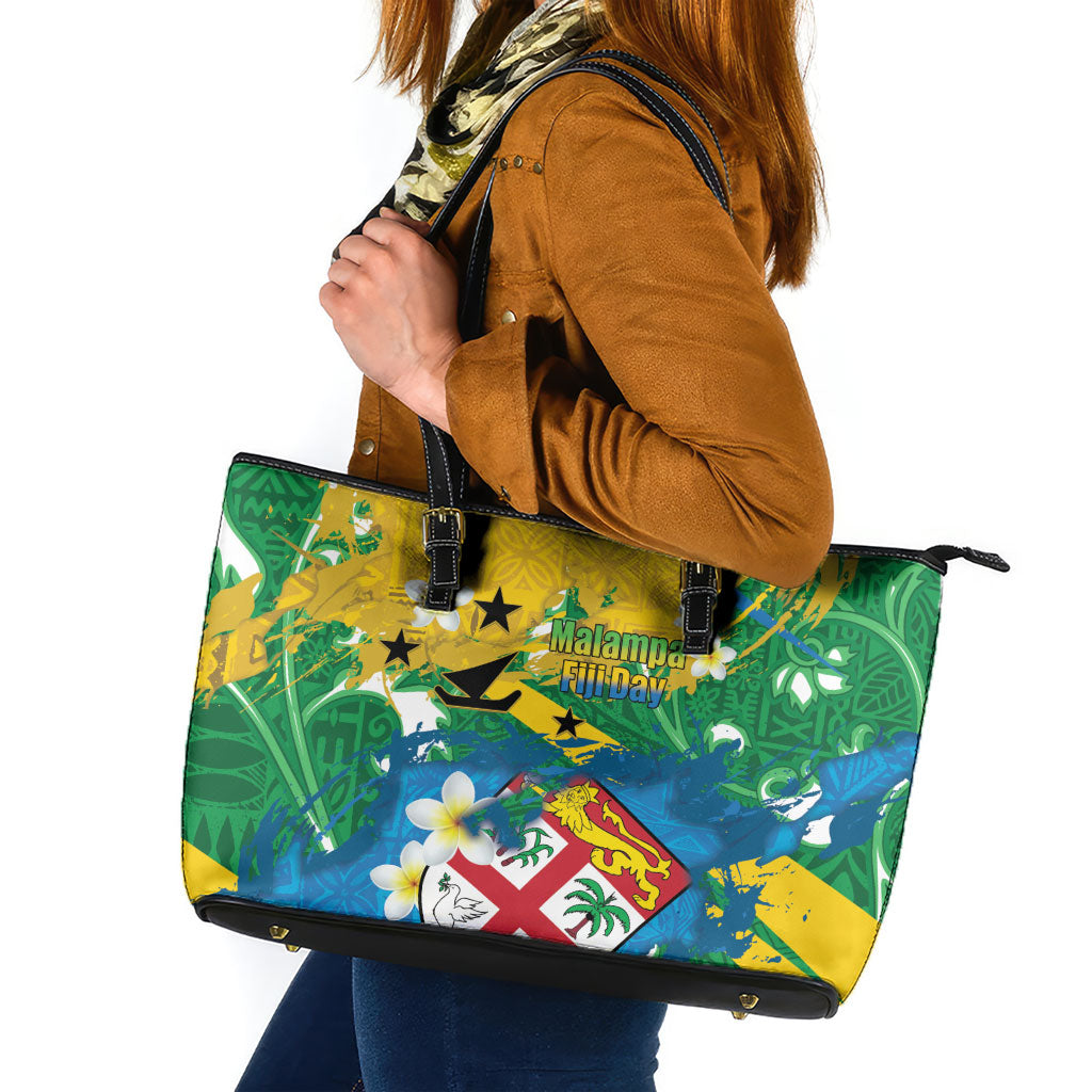 Malampa Fiji Day Leather Tote Bag 10 October Together We Grow Grunge Tapa Motifs