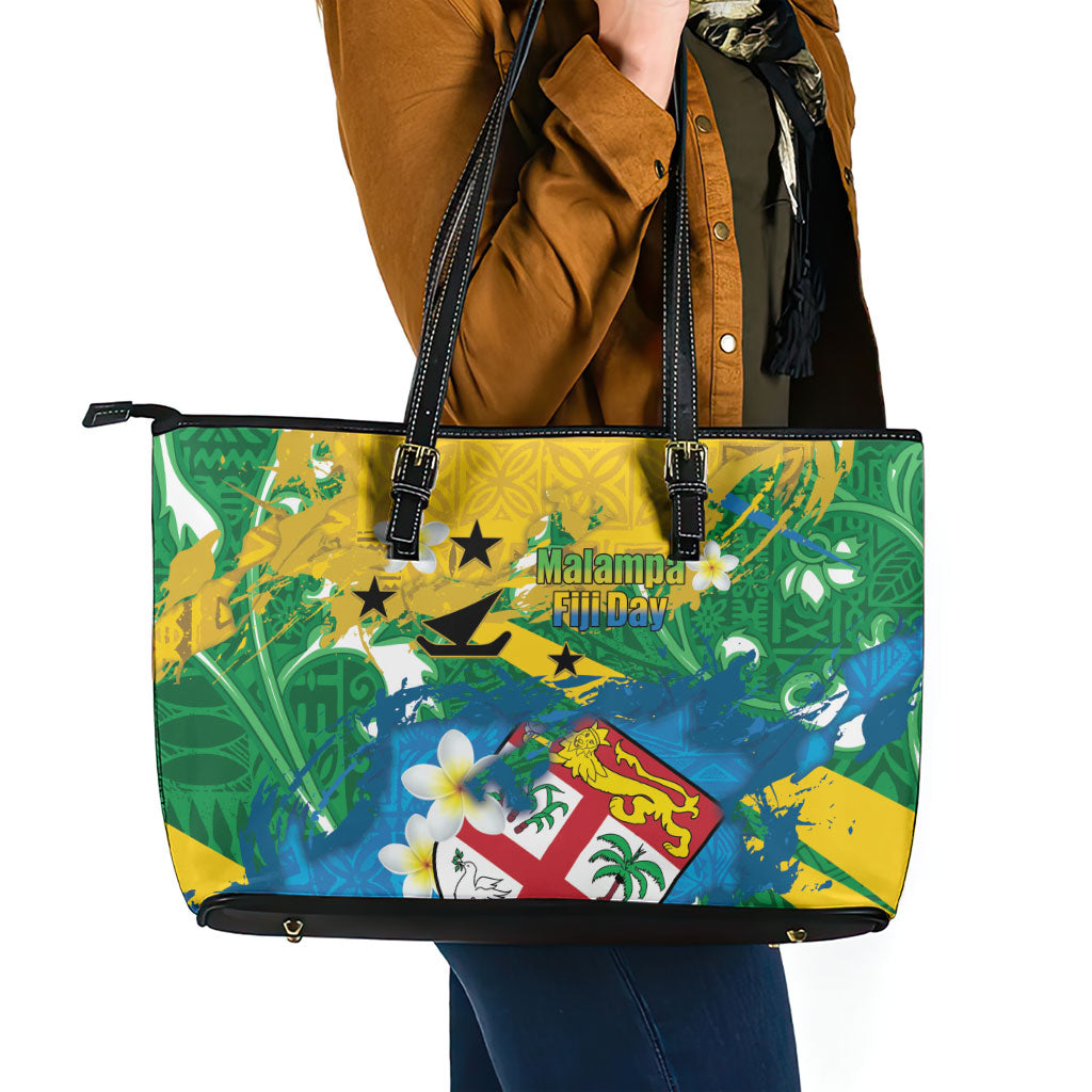 Malampa Fiji Day Leather Tote Bag 10 October Together We Grow Grunge Tapa Motifs