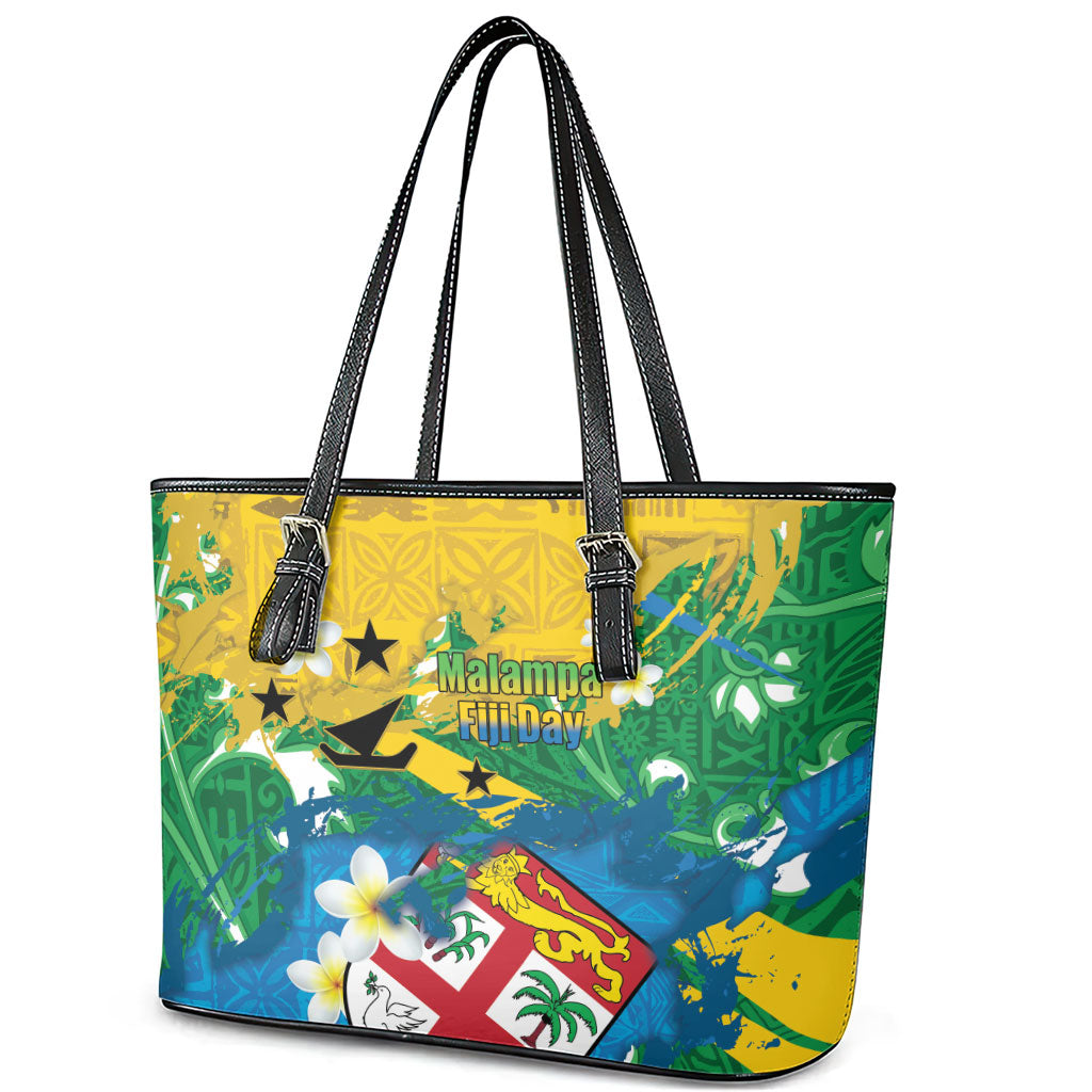 Malampa Fiji Day Leather Tote Bag 10 October Together We Grow Grunge Tapa Motifs