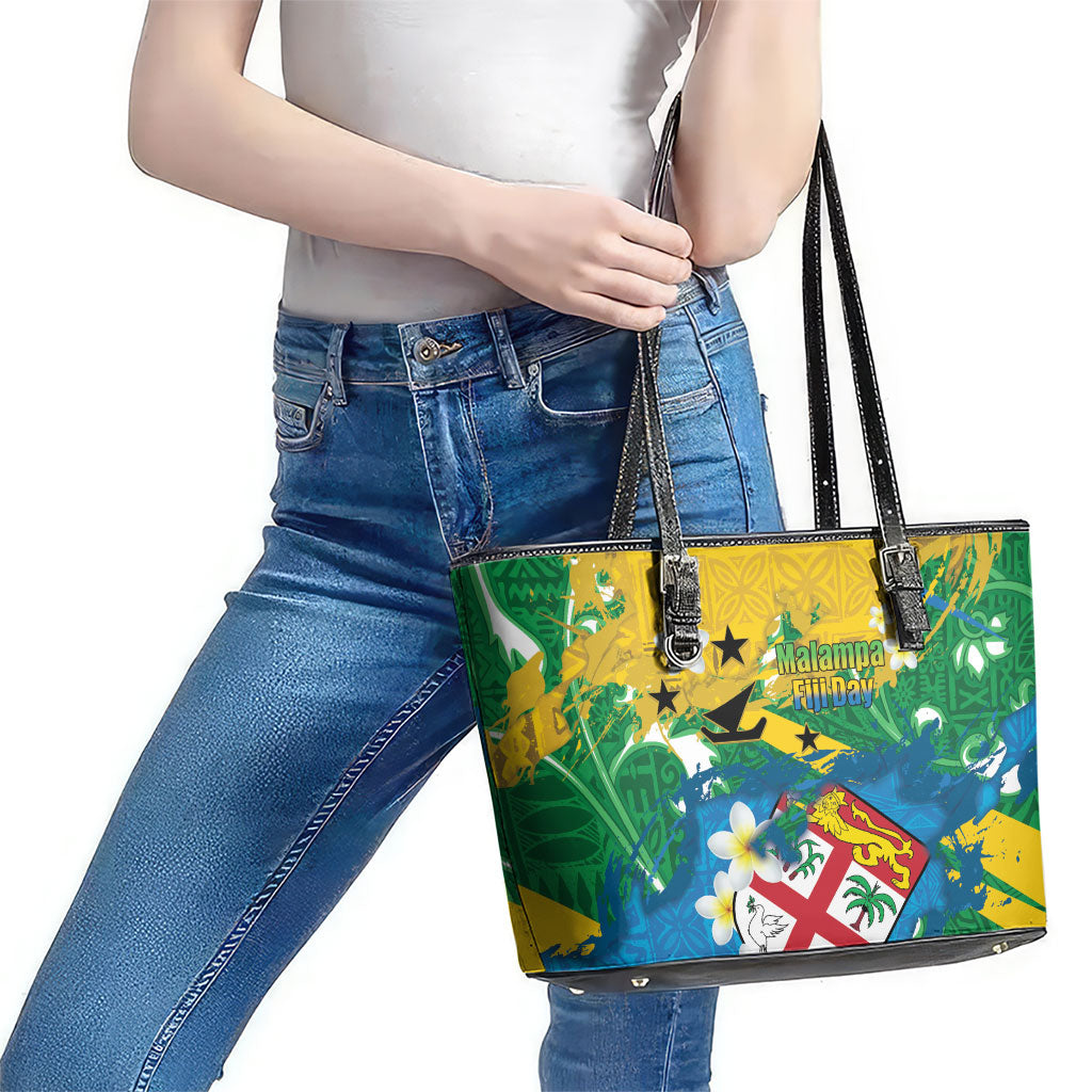 Malampa Fiji Day Leather Tote Bag 10 October Together We Grow Grunge Tapa Motifs
