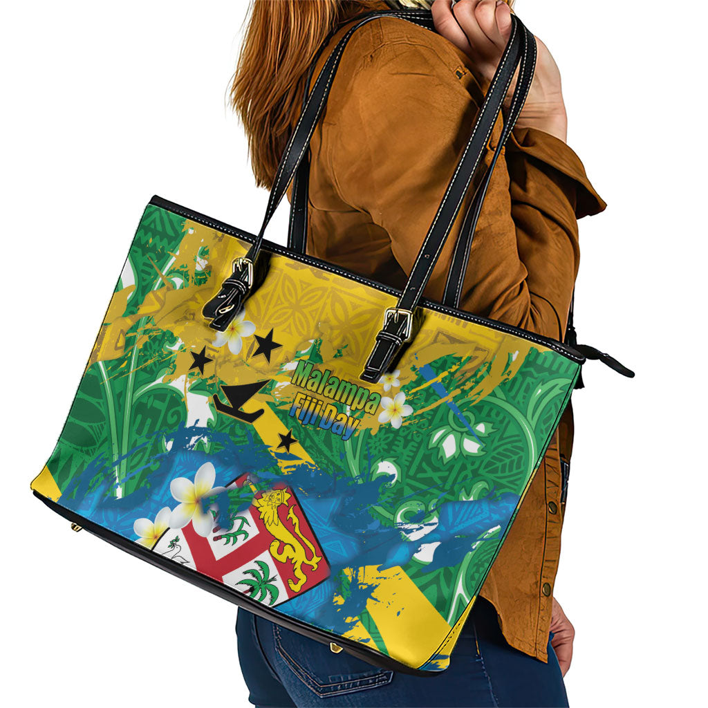 Malampa Fiji Day Leather Tote Bag 10 October Together We Grow Grunge Tapa Motifs