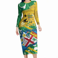 Malampa Fiji Day Long Sleeve Bodycon Dress 10 October Together We Grow Grunge Tapa Motifs